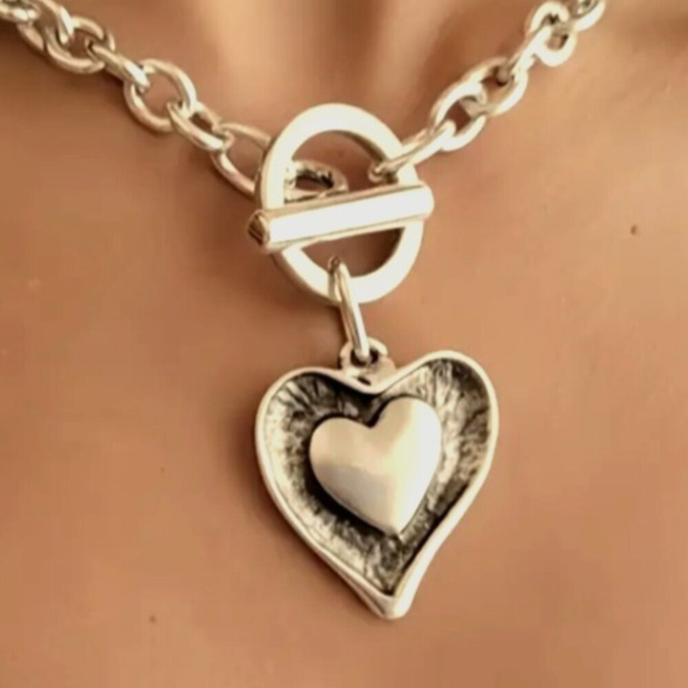 Bohemian Vintage Style Heart - Shaped Pendant Necklace Antique - Silver Plated